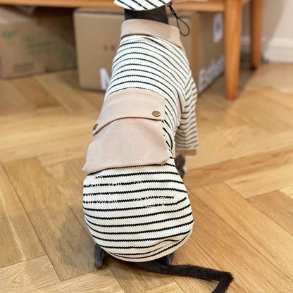 Dog Clothes in Spring Khaki Strips Polo Shirt with Pocket for Italy Greyhound Soft Long Sleeves Cotton Coat Hat Suit for Whippet