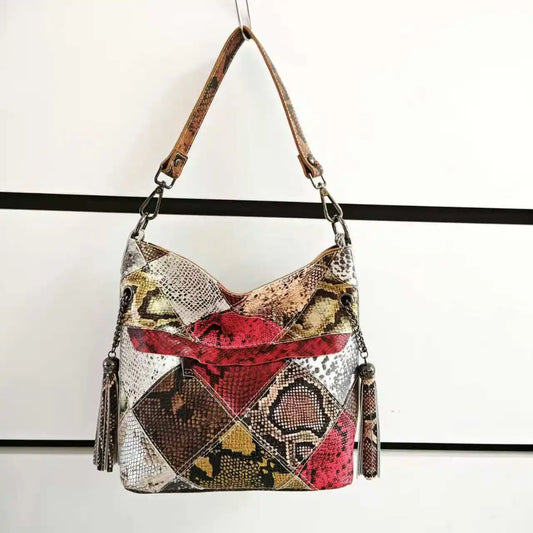 Real leather Snake Patchowrk Designer Women's Handbags Color Block Shoulder Bags New Roomy Genuine Leather Crossbody Bucket Bag