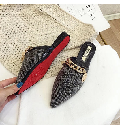 2025 New Summer Shoes for Women Luxury Slipper Girl Bling Crystal Chain Casual Flat Sandals Girl Pointed Toe Slides
