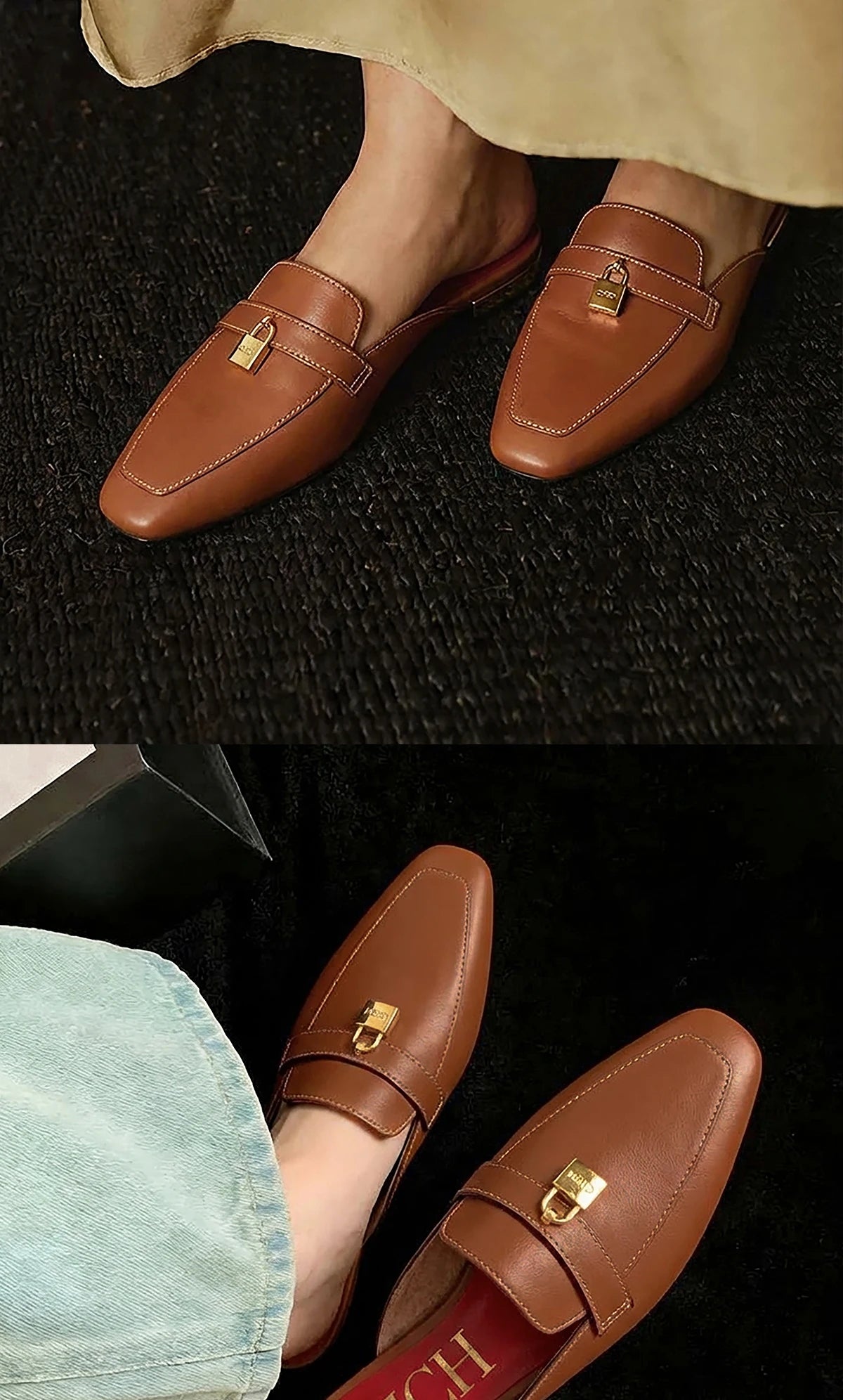 CHCH Women's Muller Shoes 2026 New High Quality Cow Leather Women's Flat Shoes Round Head