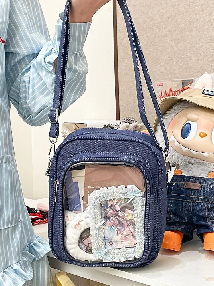 New Denim Ulzzang Ita Bags Female Transparent Badge Doll Show Crossbody Shoulder Bag Individuality Designer 2 Sides Bolso Mujer