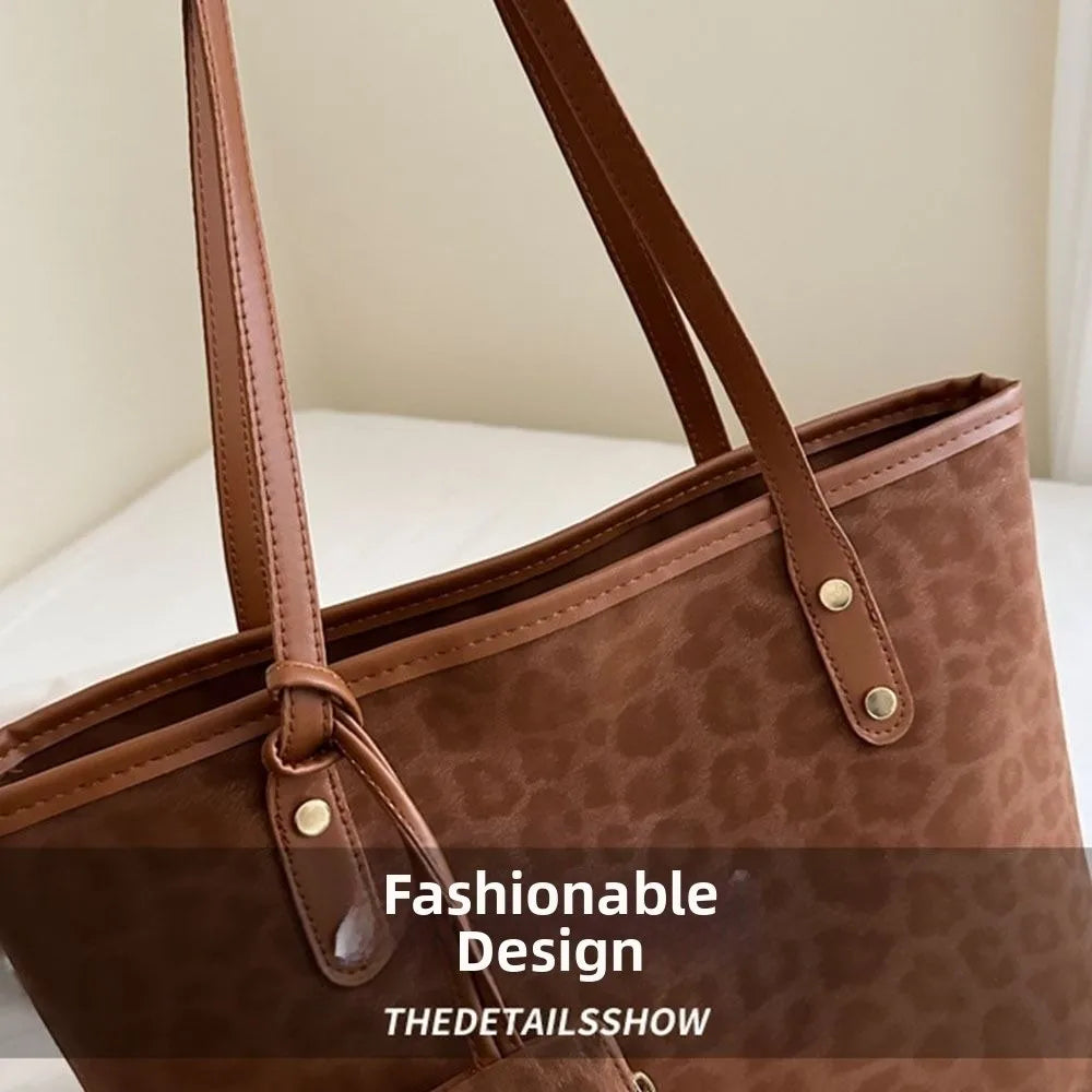 Vintage Leopard Print Women Tote Bag PU Leather Large Capacity Underarm Bag with Mini Bag Briefcase Bags