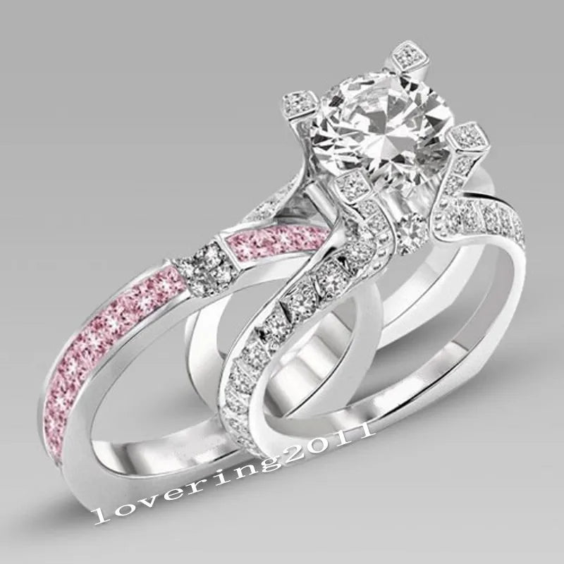 14K White Gold Vintage Lovers Grown Pink Diamond Ring Set Engagement Wedding Rings for Women Men Jewelry