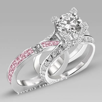 14K White Gold Vintage Lovers Grown Pink Diamond Ring Set Engagement Wedding Rings for Women Men Jewelry