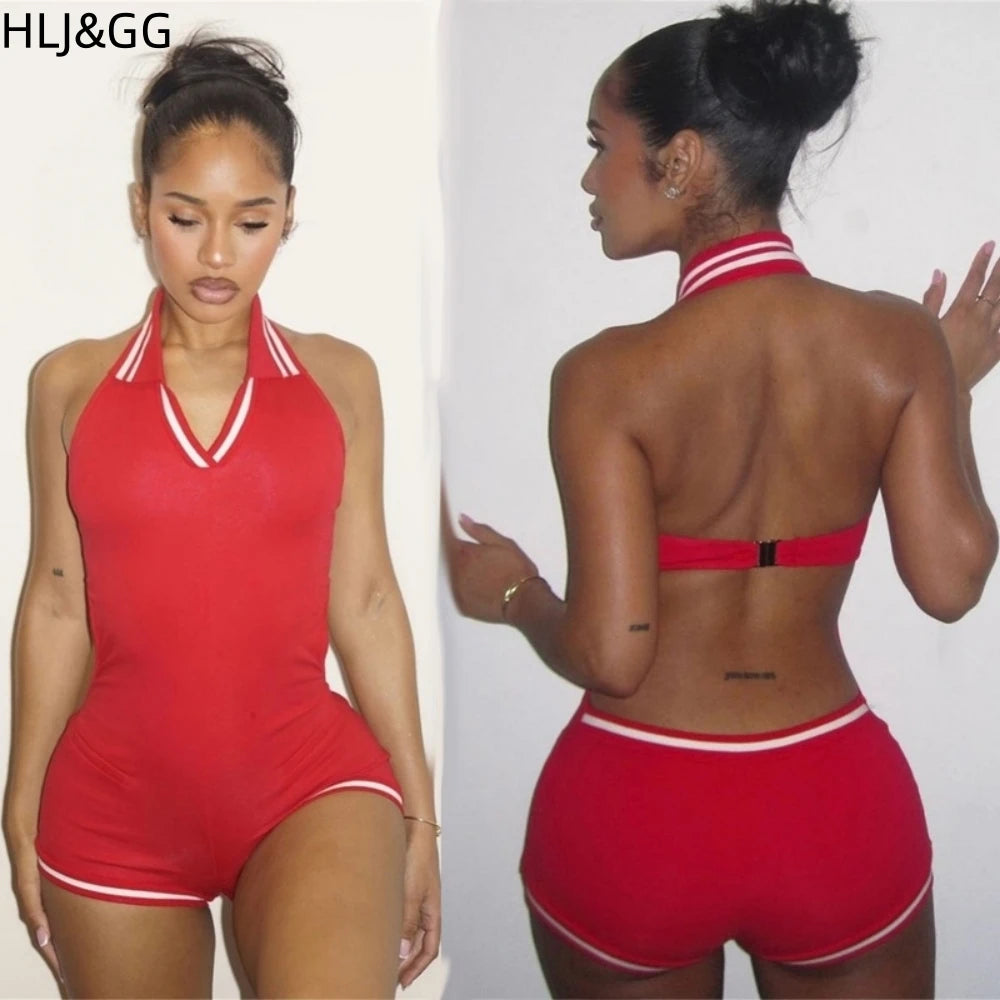 HLJ&GG Summer New Stripe Halter Lapel One Piece Rompers Women Sleeveless Backless Bodycon Jumpsuits Sexy Stretchy Overalls 2025