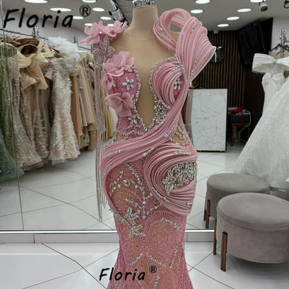 Arabic Pink Mermaid Prom Dress Silver Beads Crystal Sparkly Tassel Party Birthday Dresses Elegantes Customized Formal Gowns 2025