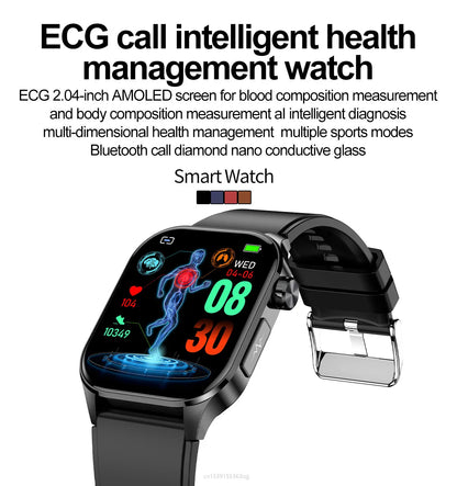 ET580 Smart Watch Men 2.04inch AMOLED Large Screen Bluetooth Call ECG Blood Pressure Oxygen Health Monitor SOS Smartwatch