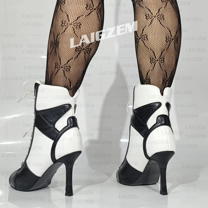 LAIGZEM Women Ankle Boots Patchwork Peep Toe Thin High Heels Boots Lace up Short Boos Ladies Handmade Shoes Woman Size 39 41 43