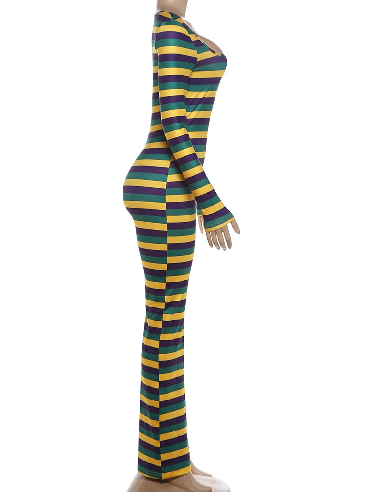 Nibber Chic Collar Full Jumpsuits Women's Autumn Trend Square Sleeve Stripe Patchwork Skinny Stretch High Street Style Overalls