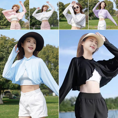 New Casual Women's Sunscreen Shawl Solid Color Breathable Sunscreen Capes Long-sleeve Ice Silk Thin Coat Summer Outdoor