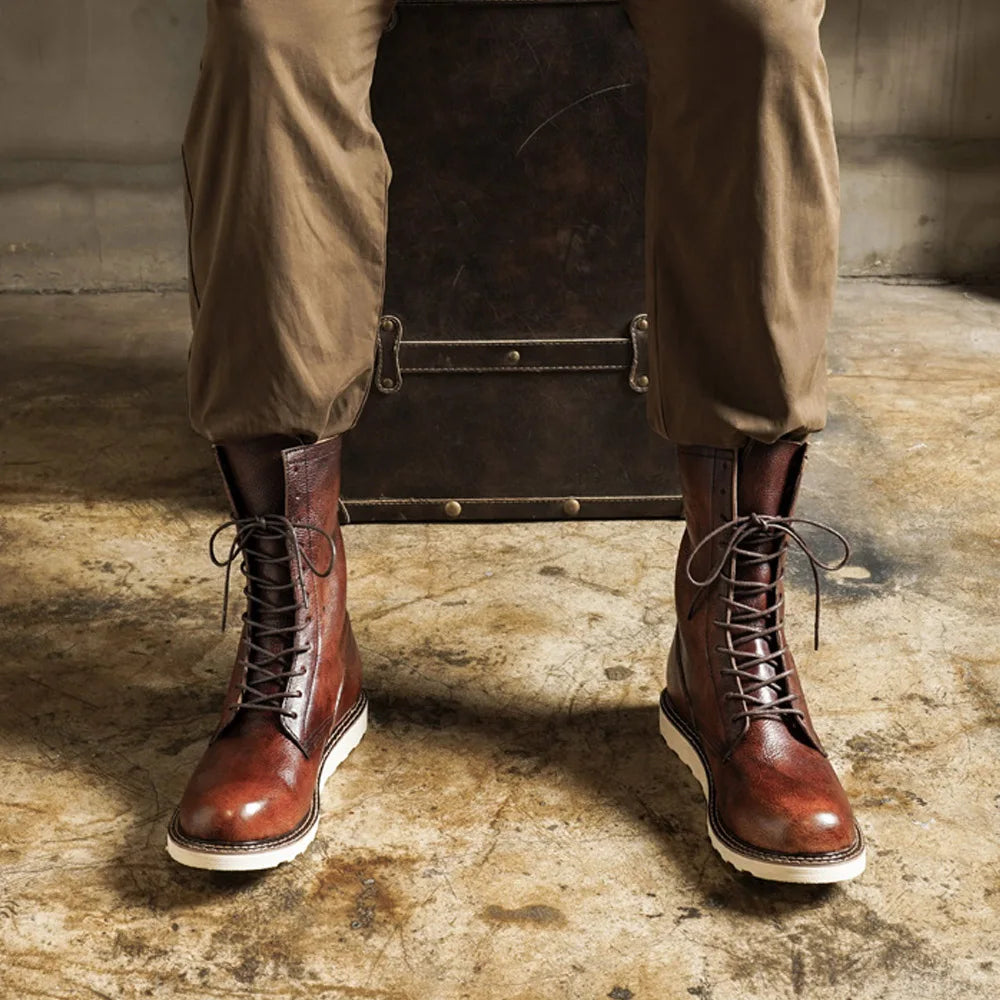 Fashion Men's Cow Genuine Leather Motorcycle Boots Brogue Shoes Retro High Round Toe Mid-calf Western Chelsea Riding Boots