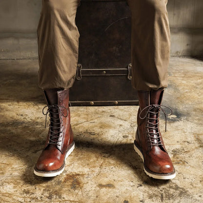 Fashion Men's Cow Genuine Leather Motorcycle Boots Brogue Shoes Retro High Round Toe Mid-calf Western Chelsea Riding Boots