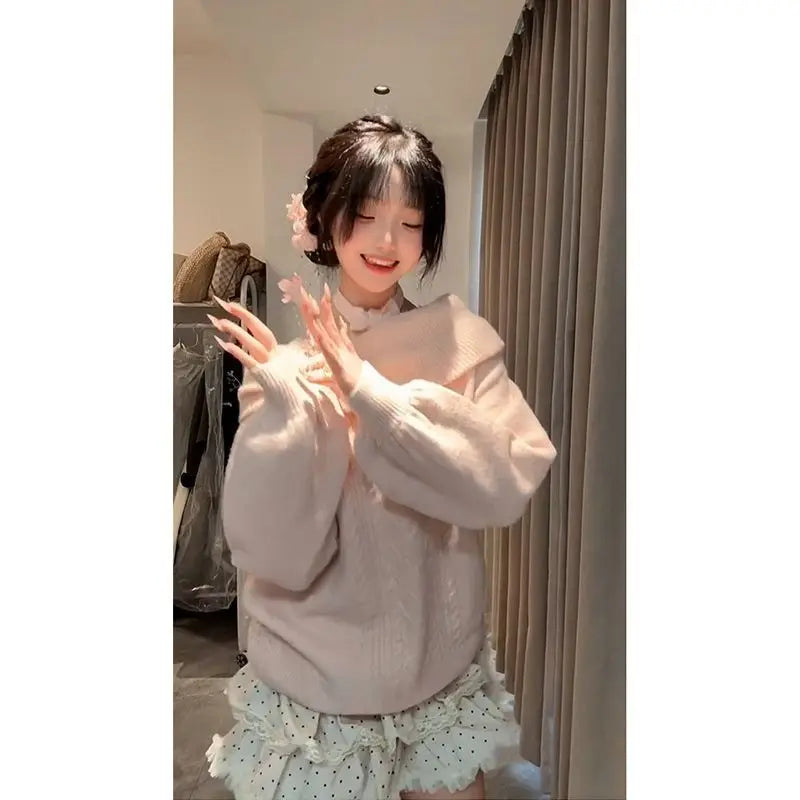 Sweet Daily Streetwear Japanese Women Slim Fit Off Shoulder Knit Jumper Soft Long Sleeve Fashion Pullover Sweater