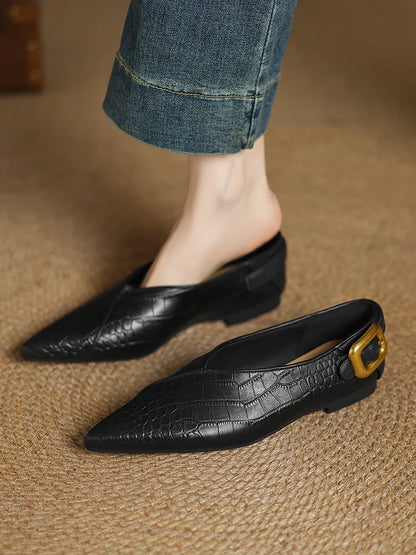 NEW 2025 Trend Genuine Leather Splicing Women Flats Spring Autumn Pattern Flat Shoes Lady Leopard Pointed Toe Buckle Style Shoes