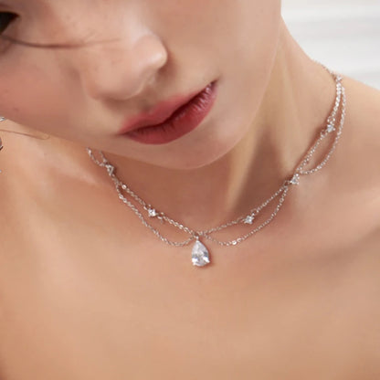 Luxury Sterling Silver Double-Deck Water Droplet Shape Women Choker AAA Zircon Chain Necklace Fine Jewelry Wedding Party Gift