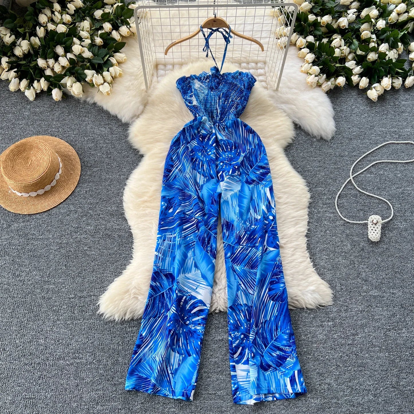 2024 New Summer Sexy Bohemian Leaf Print Jumpsuits Women Sleeveless Sexy Long Jumpsuit Mujer Casual Holiday Beach Rompers