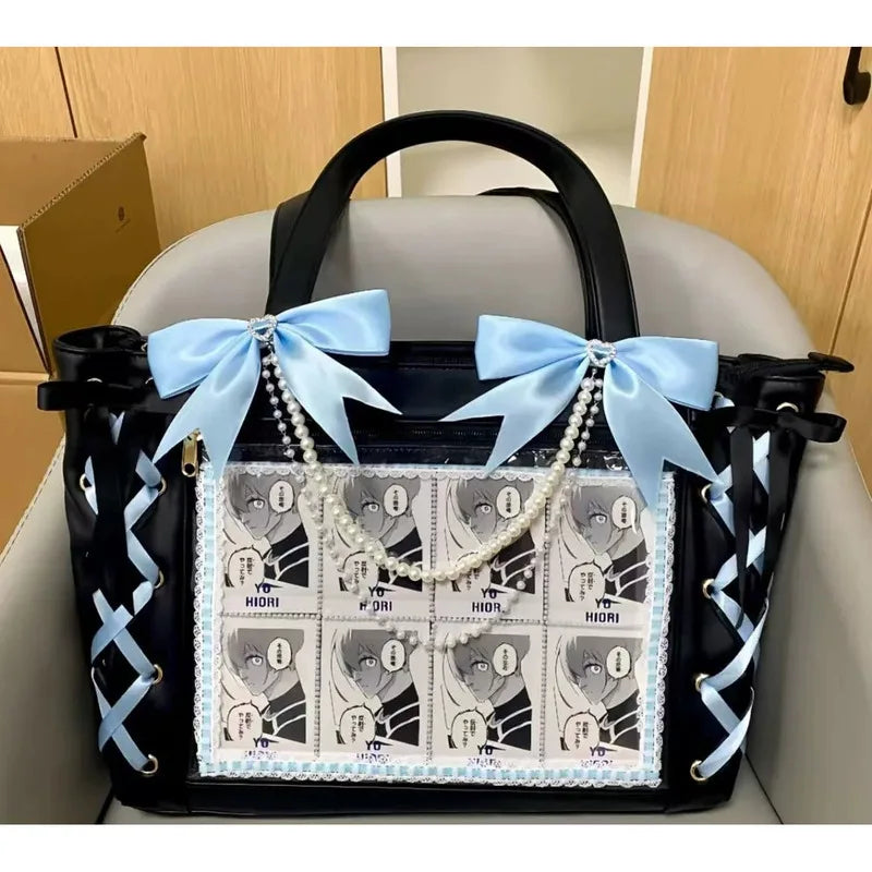 New Japanese Cute Sweet Ribbon Ita Bag Lolita Girls Transparent Handbags Fashion Large Capacity Tote Bag Aesthetic Shoulder Bags