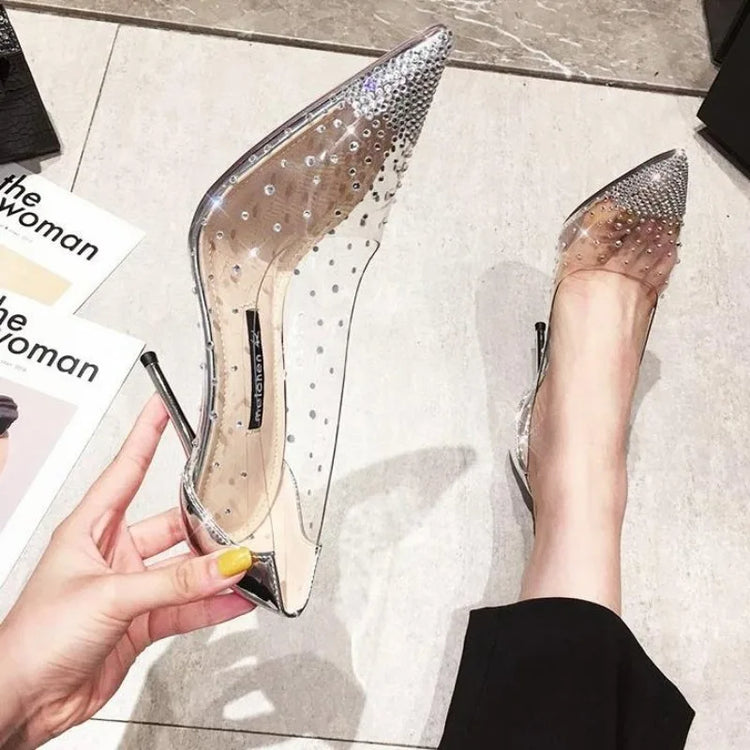 New Luxury Fairy Style Transparent High Heels Thin Heels Pointed Water Diamond Single Shoes Women's Crystal Wedding Shoes