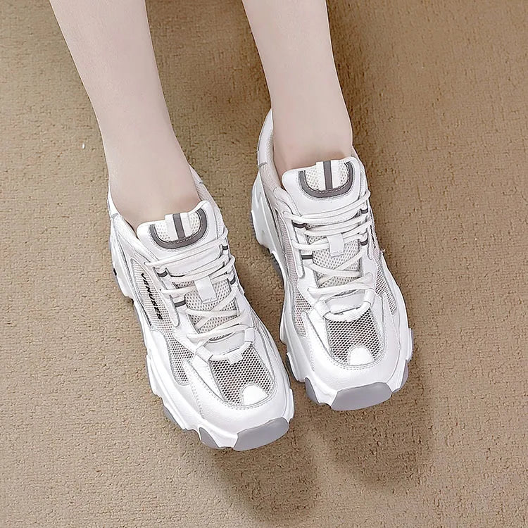 Women With Mesh And Synthetic Leather Upper Lace Up Design Round Toe Non Slip Thick Sole Breathable Casual Sports Shoes Trendy F
