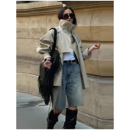 Fashion Stand Collar Short Trench Coat Women Solid Double-breasted Belt Jacket 2026 Autumn Lady Commuting Casual Outwear