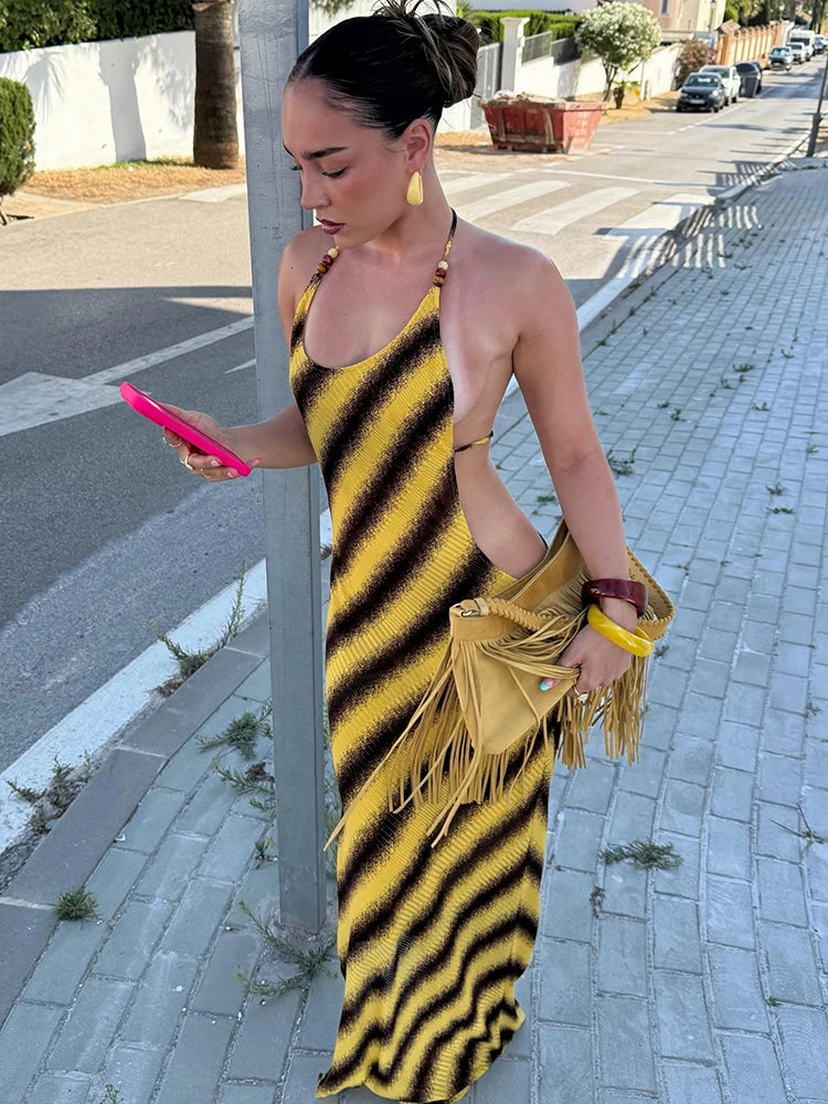 Nibber Patchwork Hottie Dress Women Sexy Cross Backless Fashion Striped Print Bead Sleeveless Beach Party Vacation Party Bodycon