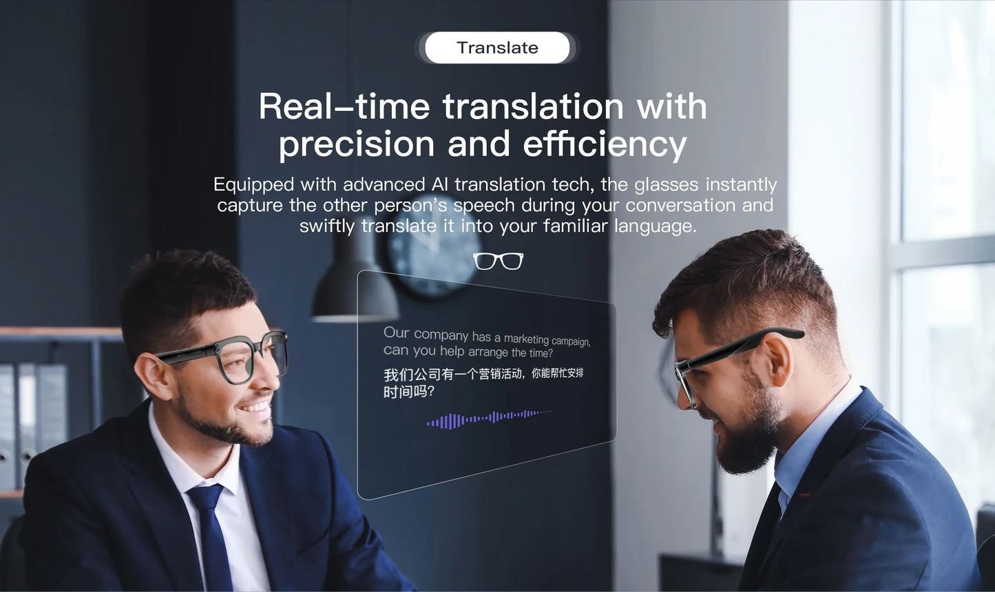 New Smart Glasses 800W HD Pixel Camera Dual Speakers 290mAh Battery Real-time Translation Al Voice Assistant Men Sunglasses