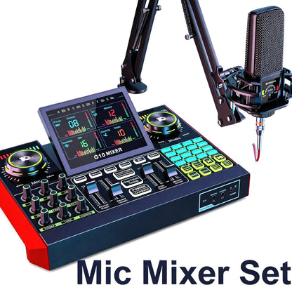 TENLAMP G10 Audio Interface Mixer Soundboard with Boom Arm & 3.5mm Mic, Voice Changer Podcast Equipment Bundle, Professional Live Sound Card for KOL Singing Gaming DJ Studio Recording Music Mixer