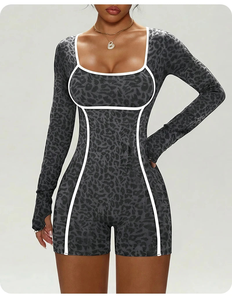 Women's Leopard Print Long Sleeve Yoga Jumpsuit Slim Fit One Piece Workout Romper Shorts Athletic Fitness Bodysuit
