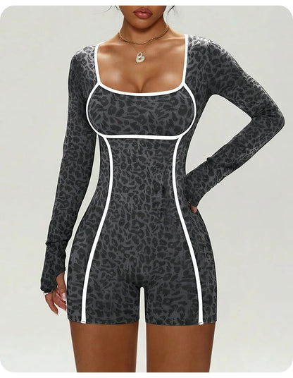 Women's Leopard Print Long Sleeve Yoga Jumpsuit Slim Fit One Piece Workout Romper Shorts Athletic Fitness Bodysuit