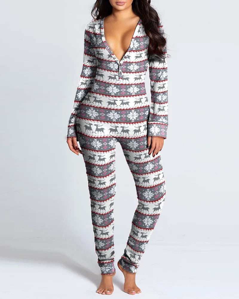Sexy Pyjama Women's Long Sleeves Homewear Suit Button-Down Front Back Butt Bum Open Ass Flap Jumpsuit Loungewear Christmas Print