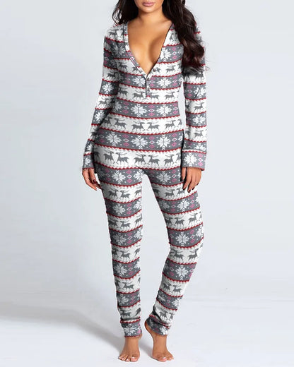 Sexy Pyjama Women's Long Sleeves Homewear Suit Button-Down Front Back Butt Bum Open Ass Flap Jumpsuit Loungewear Christmas Print