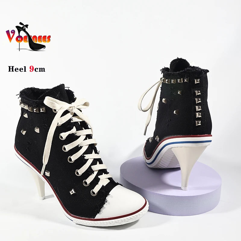 2024 NEW Spring High Heels Rivet Black Shoes Women Fashion Thin Heels Denim Canvas Shoes High Top Round Toe Lace Up Ladies Boots