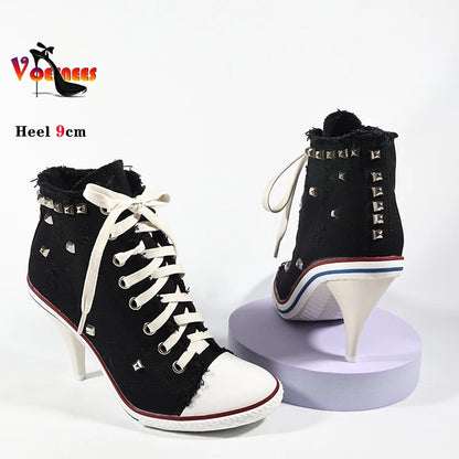 2024 NEW Spring High Heels Rivet Black Shoes Women Fashion Thin Heels Denim Canvas Shoes High Top Round Toe Lace Up Ladies Boots