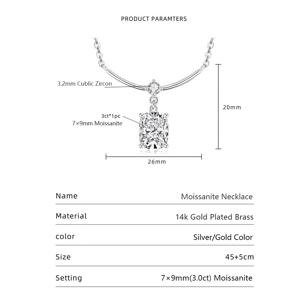 Abestecom 7x9mm Cushion Cut Moissanite Curved Smile Drop Necklace 14K Gold Plated Bridal Wedding Fine Jewelry Gift for Women