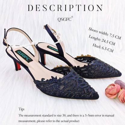 Nigerian Style Elegant Women's Party Shoes  Luxury Full of Diamonds Shoes Sky Blue Pointed High Heel Shoe Bag Set