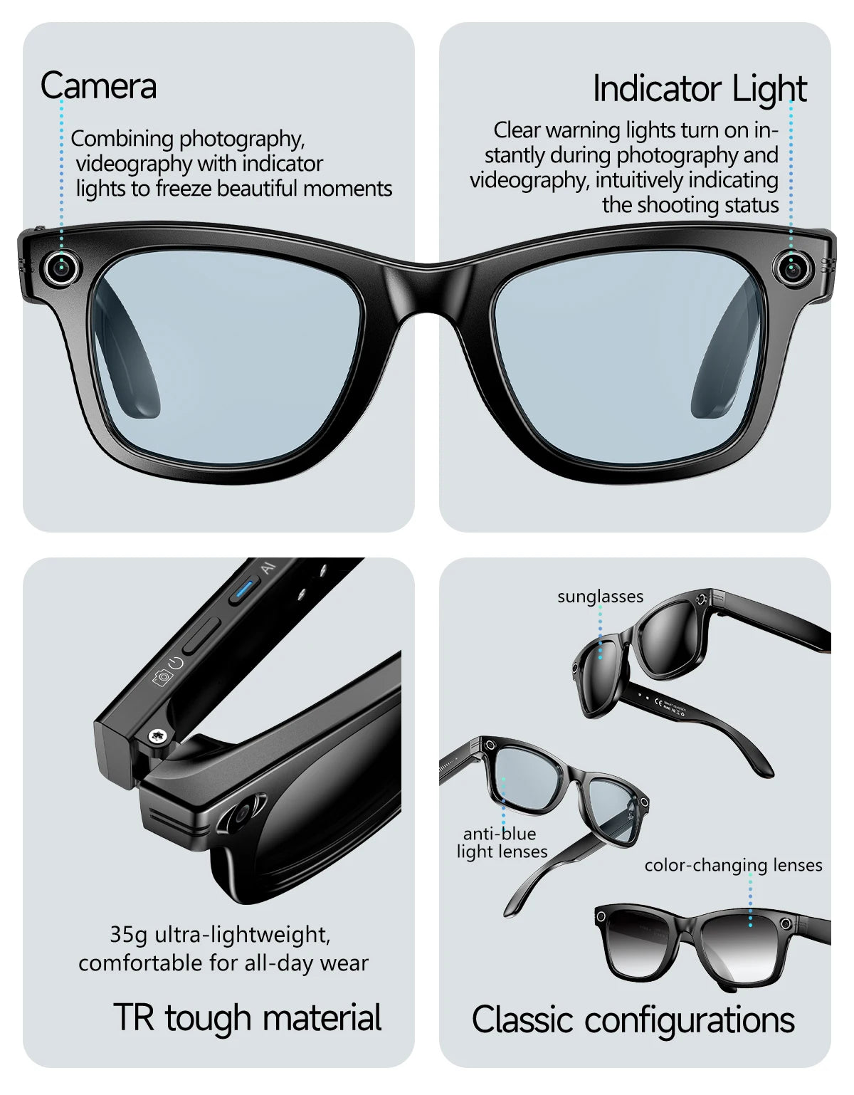 LIGE AI Smart Glasses 8MP HD Camera Video Bluetooth Call Intelligent Translation 270mAh Battery Voice Assistant Music Sunglasses