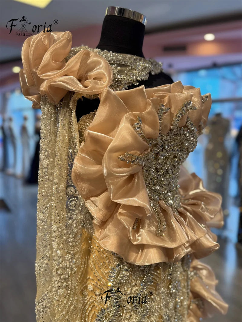 Luxury Major Crystal Evening Dresses Champagne Ruffle Wedding Dress One Shoulder Shiny Bead Arabic Fromal Gala vestidos de novia