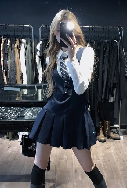 Japan And Korea College Style Jk Set Women's Long Sleeve Shirt Pleated Skirt Strap Dress Set Two Piece Set School Jk Uniform
