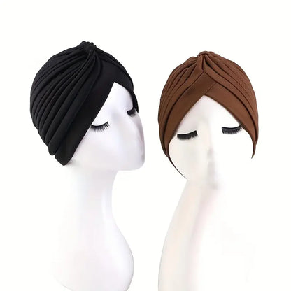 2pcsWomen's Pleated Knot Turban Hat, Soft Stretchy Beanie Cap for Chemo Hair Loss, Muslim Hijab Headwrap, Fashion Daily Headwear