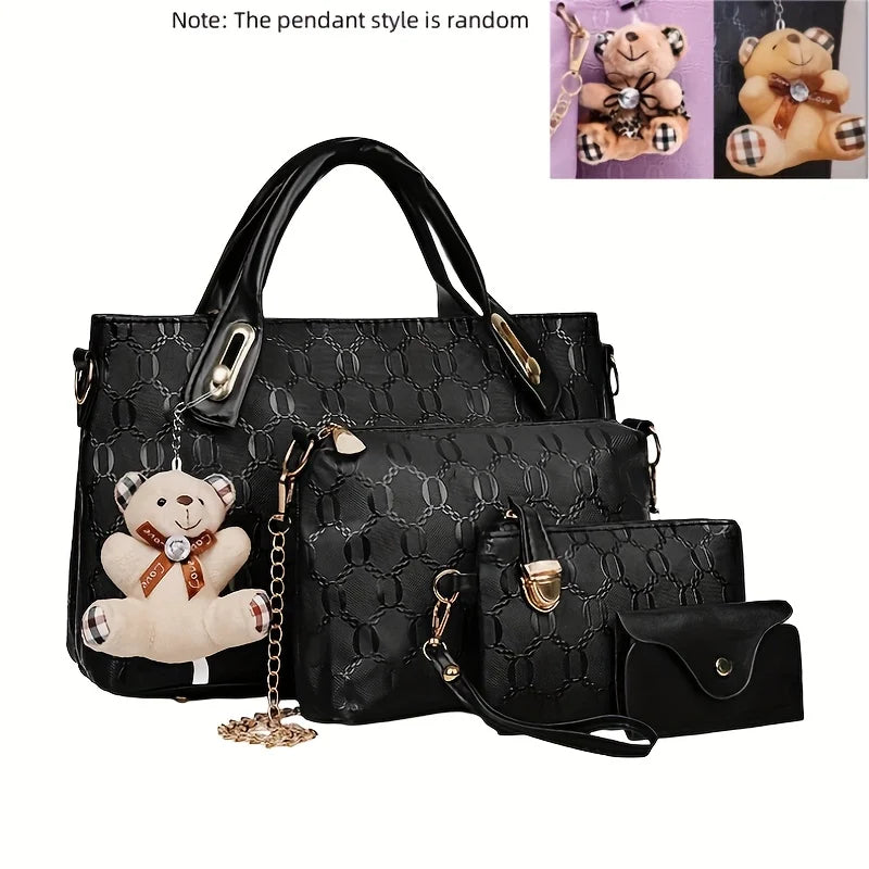 4 Pcs Women Handbag Set Embossed Pattern PU Leather Tote Bags Fashion Chain Shoulder Crossbody Bag Ladies Wallet Card Holder Purse With Bear Pendant Daily Shopping Handbags