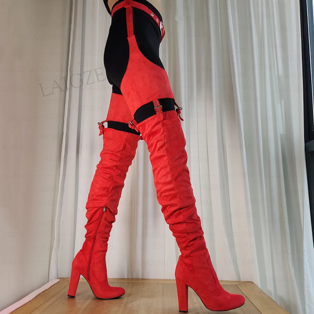 LAIGZEM Women Thigh High Chap Boots Round Toe Side Zip Faux Suede Waist Belted Thick Heels Boots Shoes Woman Big Size 39 45 52