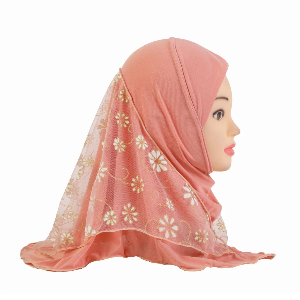 H043 beautiful small girl hijab with flower net cute hijab hats women's caps can fit 2-6 years old girls muslim baby headscarf