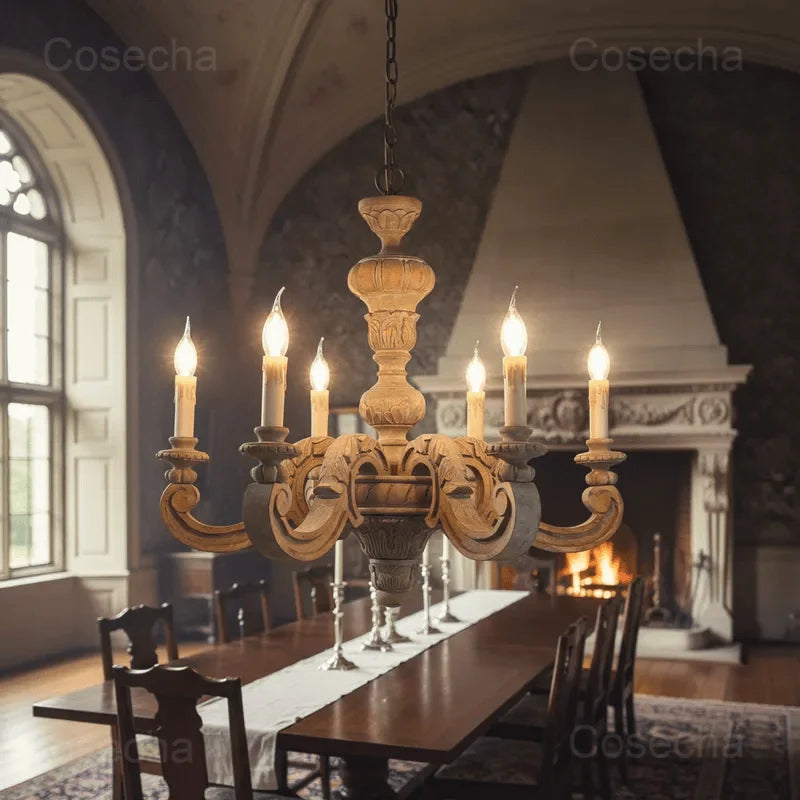 Antique White Wood Chandeliers Mid Century Chandelier Vintage French Hanging Chandeliers Classic 5/6/8 Lights Dining Living Room