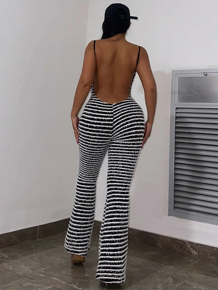 OMSJ New Style Backless Jumpsuits For Women Sexy Camisoles High Waist Hip Lifting Striped One-piece Rompers Flare Pants Clubwear