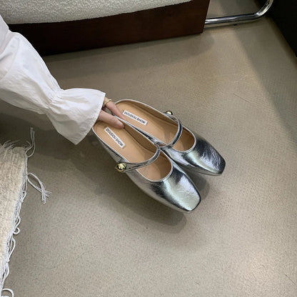 Soft Leather 2025 Ins Silver Buckle Strap Casual Shoes Fashion Flats Elegant Glitter Metallic Mules Shoes Cover Toe Slippers