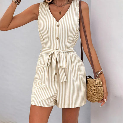 Women Rompers Solid Jumpsuits Striped Lace-Up Button V Neck Sleeveless Waist Mini Length Pants Shorts Casual One-piece Playsuit