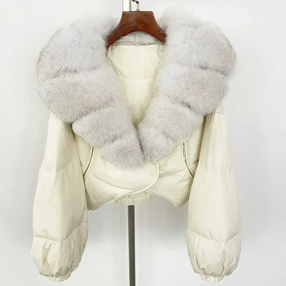 Winter Female White Duck Down Jacket Luxury Loose Short Fashion Casual Women Warm Real Fox Fur Coat Long Sleeve Puffer Jacket