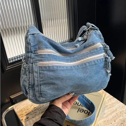 Vintage Denim Women's Shoulder Bag Large Capacity Messenger Bag Multi-pockets Satchel Bags Adjustable Strap Ladies Crossbody Bag