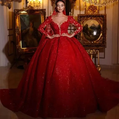 Customized Luxury Shiny Red Wedding Dress Dubai Gorgeous Lace Charming Elegant Bridal Robe Vestido De Noiva Long Sleeves
