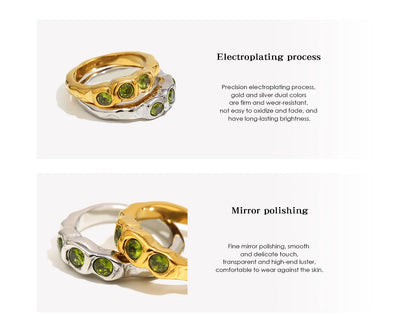 E.B.belle New Vintage Style Three Green Zircon Ring PVD Plated 316L Stainless Steel Simple Women Statement Finger Chic Jewelry